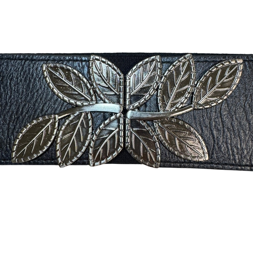 Womens Black Elastic Cinch Belt Silver Leaf Buckle Wide Waist Band 35 Inch - Picture 3 of 6